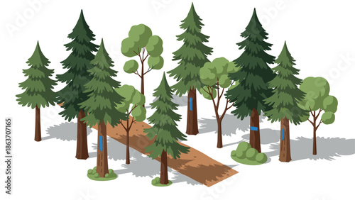 Isometric forest path with pine and deciduous trees in flat design