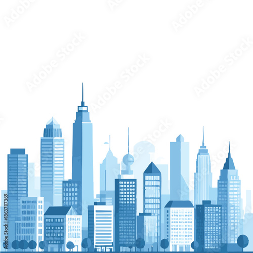 A blue city skyline with tall buildings and skyscrapers on a