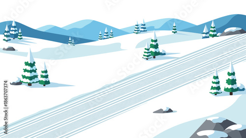 Winter alpine landscape with snowy mountains and pine trees