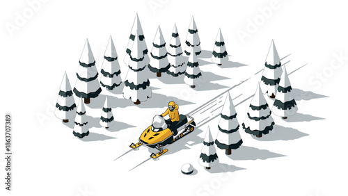 Isometric winter scene with snowmobile rider among snowy pine trees