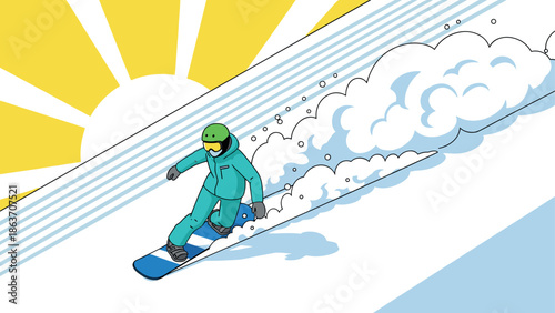 Dynamic snowboarding adventure in vibrant minimalist design with sunshine background