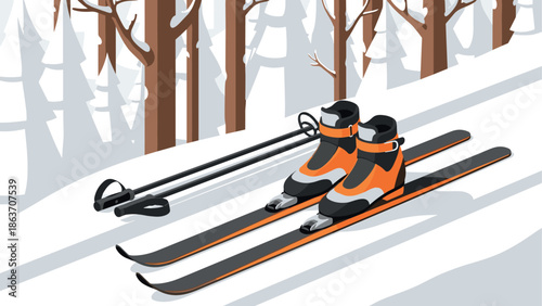 Bright winter ski gear in snowy forest scene with orange and black design