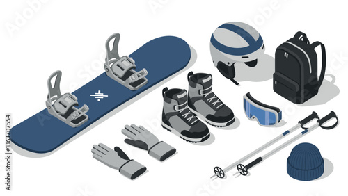 Isometric winter sports set featuring snowboard equipment and accessories