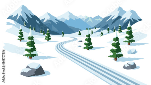 Snowy mountain landscape with winding road and evergreen trees in winter wilderness