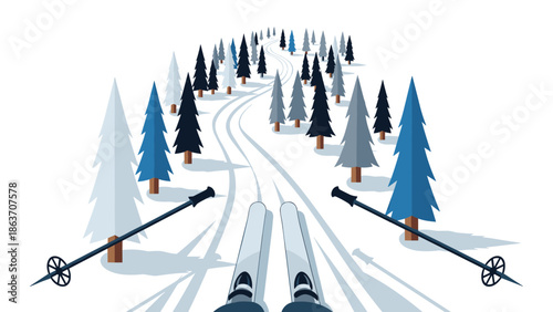 Winter skiing adventure with skis and poles on a snowy forest slope