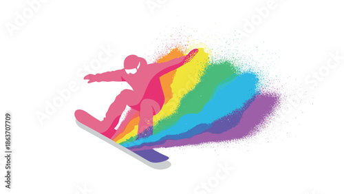 Colorful silhouette of snowboarder with rainbow spray on white background