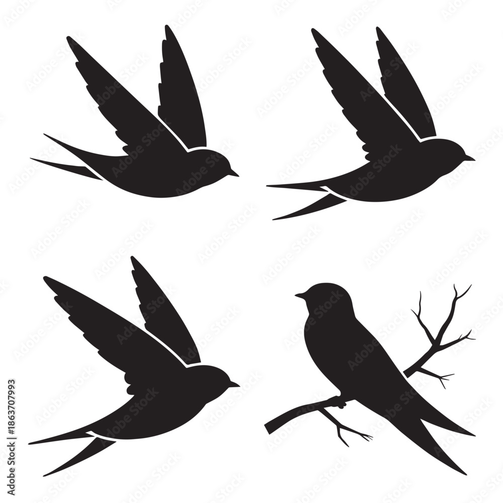 Fototapeta premium Four black silhouette illustrations of birds in flight and perched on a bare tree branch against a white background