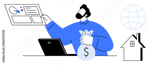 Personal finance, budgeting, real estate investment, global economy, financial growth, e-commerce. Person holding money bag with a laptop and chart. Personal finance and budgeting concept