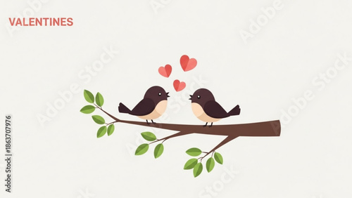Two Lovebirds on Branch with Hearts, Valentines Day Illustration
