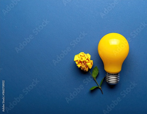 Yellow lightbulb next to a crumpled paper flower on blue surface