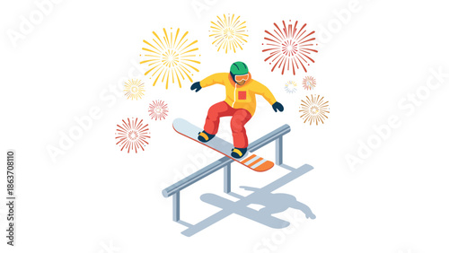 Isometric snowboarder performing trick on rail with fireworks display