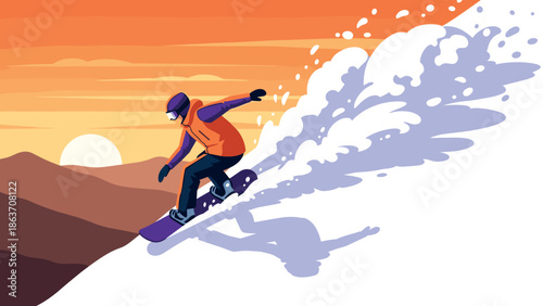 Snowboarder enjoys downhill ride with stunning sunset in background