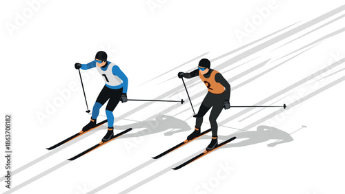 Two athletes competing in cross-country skiing race on snowy terrain