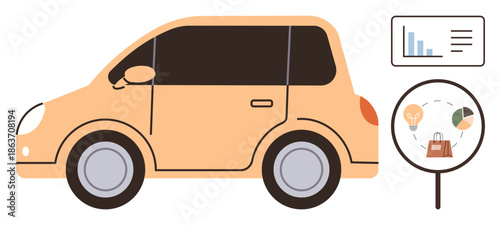 Automotive market research, business analysis, sales data, car trends, management insights, retail strategies. Cartoon car and analytics charts. Automotive market research and business analysis