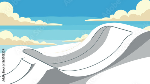 Minimalist skatepark halfpipe design with cloudy sky backdrop