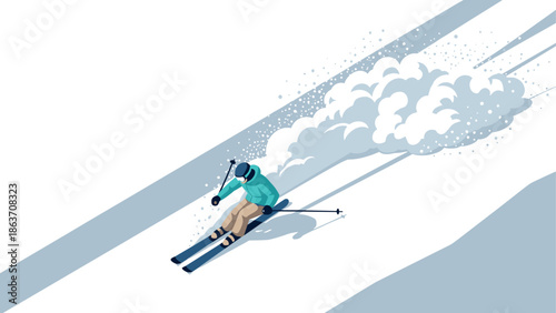 Dynamic skiing adventure captured in minimalist style with snowy backdrop