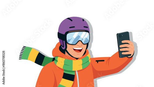 Winter fun selfie: smiling snowboarder taking a photo in vibrant gear
