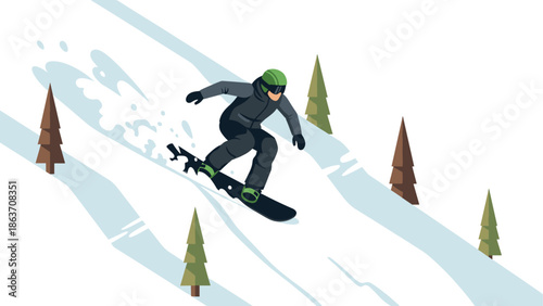 Snowboarder in motion downhill on a sunny winter day with evergreen trees