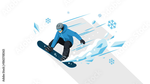 Dynamic snowboarding action with winter snowflakes and ice shards in flat style