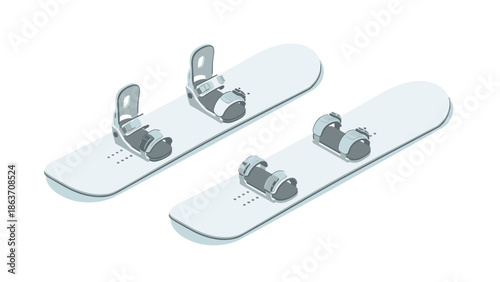 Minimalist isometric snowboards with bindings on white background