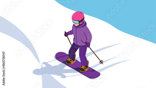 Isometric snowboarder in purple gear glides on snowy slope