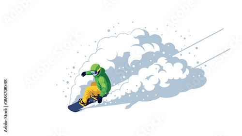 Snowboarder in action amidst snow powder in minimalist design