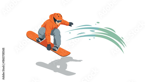 Dynamic snowboarder performing jump in mid-air with colorful trail