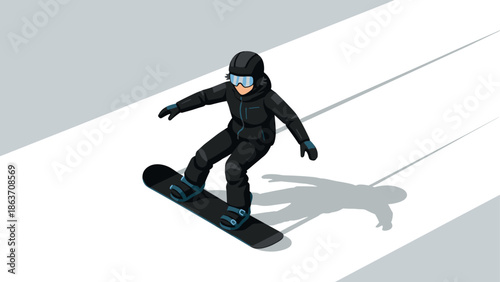 Isometric snowboarder in action on snowy slope with shadow