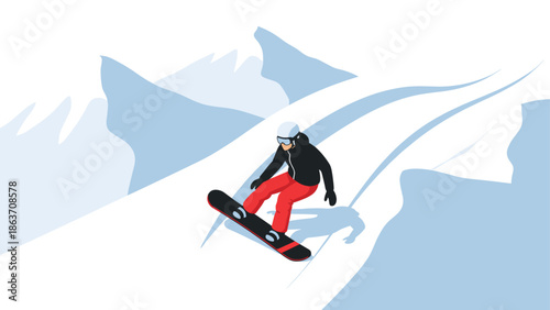 Dynamic snowboarder descends mountain slope in stylish flat design