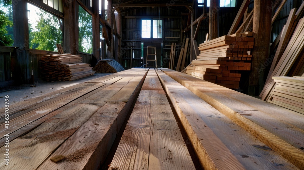 Fototapeta premium Sunlit Wooden Beams in Rustic Workshop with Tools and Stacked Lumber in an Old Barn Setting