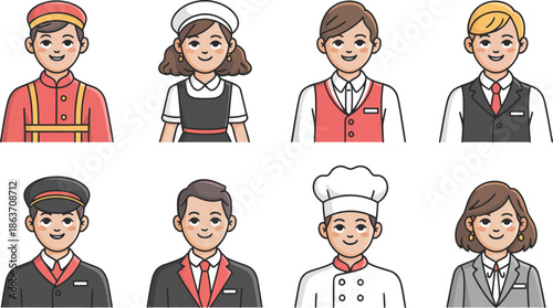 Hospitality Staff Character Set Vector Illustration Professional Uniform Roles Cartoon Design