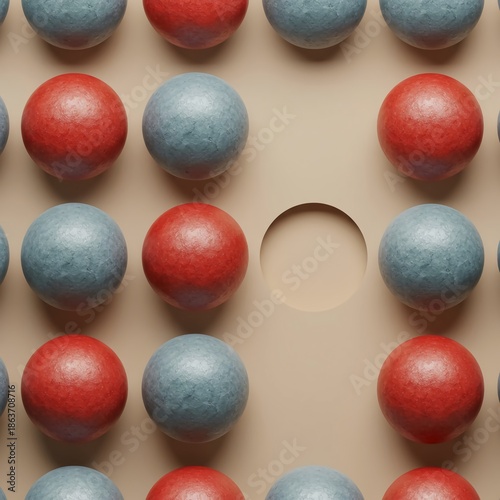 Repeating spherical objects aligned in a precise grid with one distinct empty space, symbolizing missing information or incompleteness, digital, visualization, empty