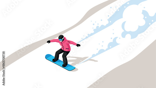Snowboarder in pink jacket gliding down snowy mountain slope in isometric style