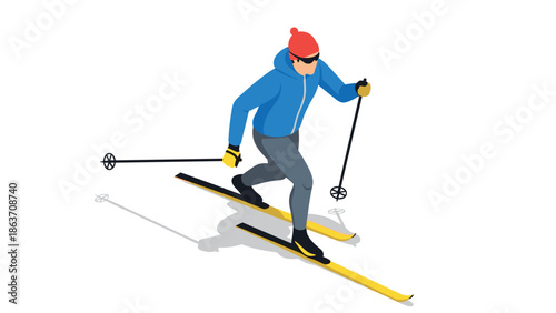 Isometric cross-country skier in blue jacket and red hat on yellow skis