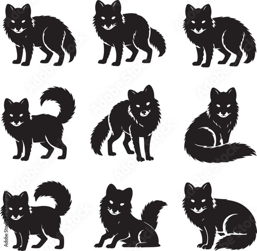 black silhouette of various wolf poses