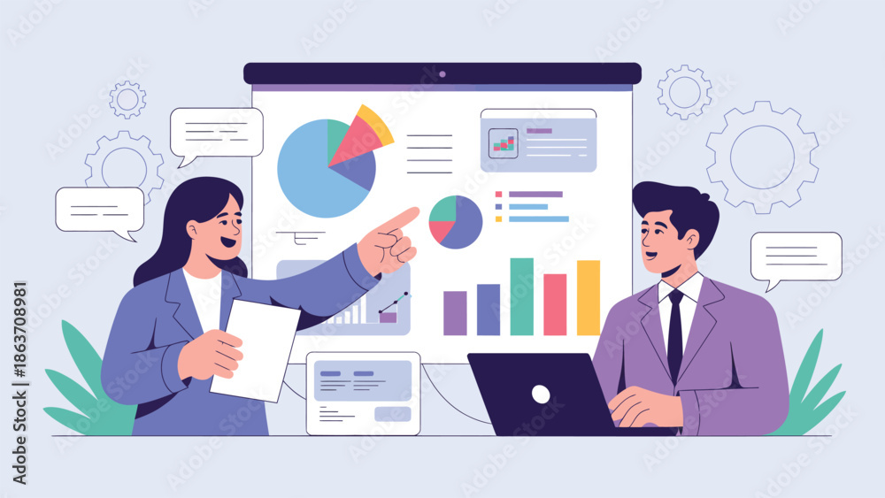 Fototapeta premium Business Meeting Vector Illustration Presentation Charts Data Analysis Professional Design