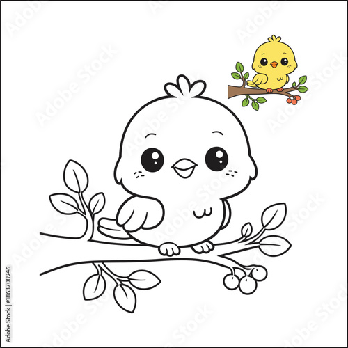An adorable cartoon chick sits on a leafy branch, ready for a splash of color to bring it to life