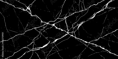 Abstract black marble background with striking white lightning-like veins and cracks, high-contrast natural stone texture, luxury dark surface, sharp detail, seamless pattern, studio lighting.