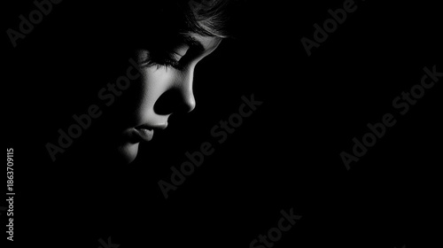 A woman's face is shown in a black and white photo