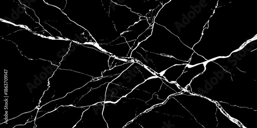 Abstract black marble background with striking white lightning-like veins and cracks, high-contrast natural stone texture, luxury dark surface, sharp detail, seamless pattern, studio lighting.