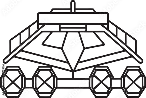 Stylized Line Art Illustration of a Futuristic Vehicle or Spacecraft with Six Wheels
