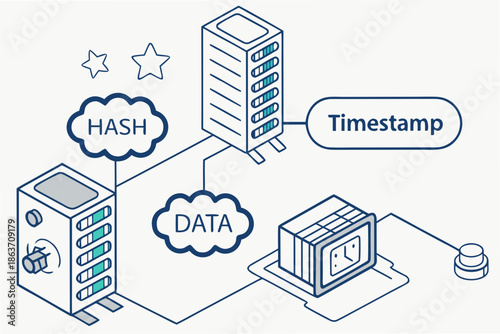 A vector graphic illustrating a blockchain concept with data, hash, and timestamp