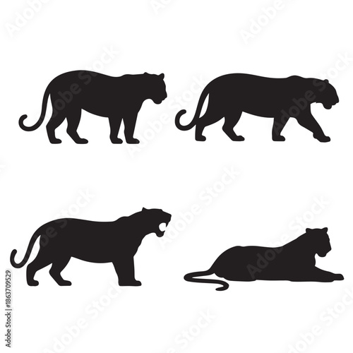 Four black silhouettes of panthers in different poses on a white background