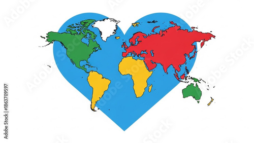 Vibrant heart shaped world map with colorful continents on blue background symbolizing global love and unity with diversity and connection and earth