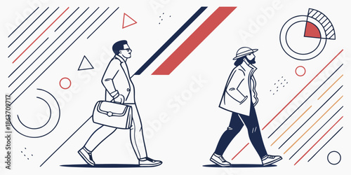 A minimalist vector illustration of two business people walking in a modern design style