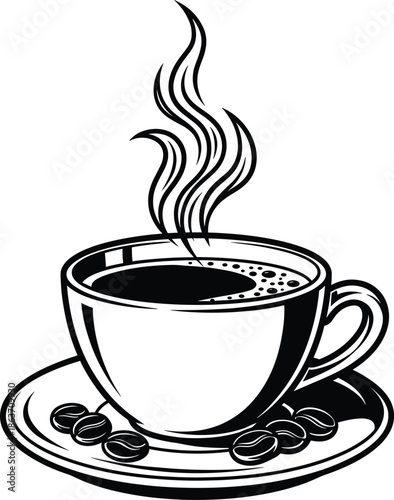 Coffee Cup Line Art Illustration – Hot Black Coffee with Steam and Coffee Beans in Elegant Black and White Vector Design