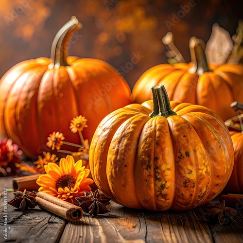 Autumnal pumpkins and flowers, arranged on a rustic wooden surface