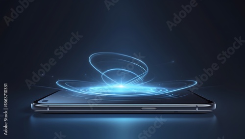 Smartphone with glowing blue light trails representing advanced digital technology and data transfer