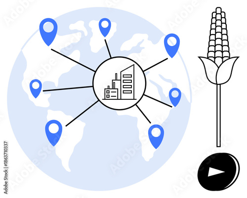 Supply chain logistics, agriculture, global trade, production management, business connectivity, and technology. A world map with location markers, corn stalk and factory icon. Supply chain