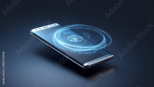 A modern smartphone displaying a captivating holographic blue light effect on its sleek screen
